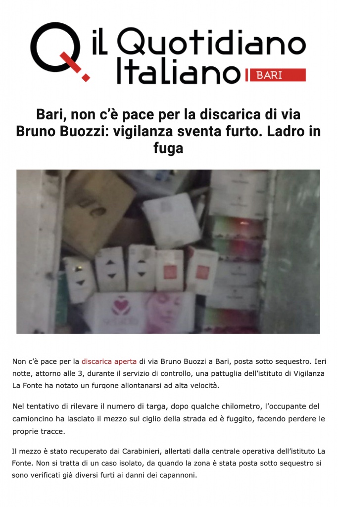 Bari, non c’è pace per la discarica di via Bruno Buozzi: vigilanza sventa furto. Ladro in fuga