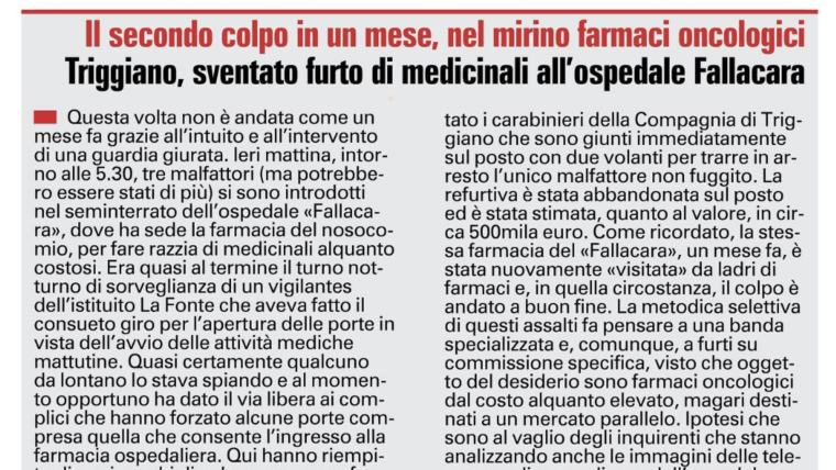 Triggiano, tentato furto di farmaci da 500mila euro al Fallacara